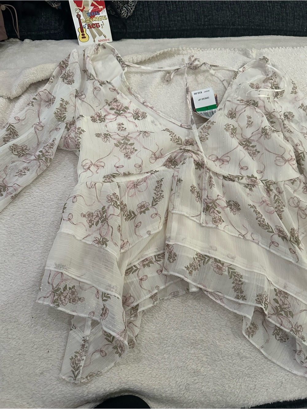 Selfie Leslie Ivory Floral Tie-Front Peasant Blouse with Pink & Green Print